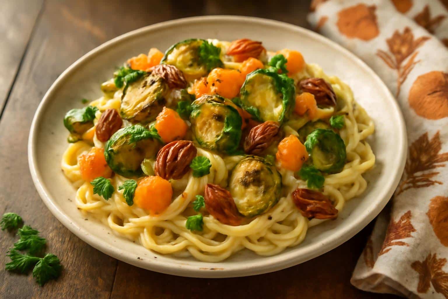 Creamy autumn harvest pasta with Brussels sprouts and butternut squash in a rustic bowl