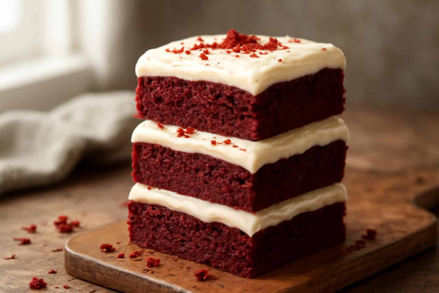 delicious red velvet brownies with creamy cream cheese frosting on rustic board
