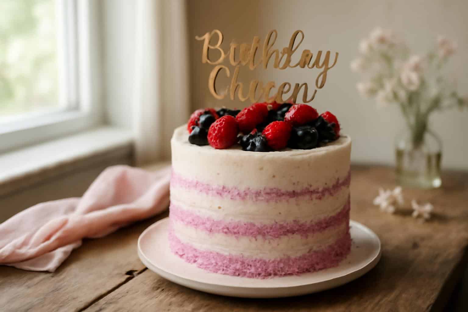Birthday queen cake with smooth frosting and fresh berries in natural light, birthday queen cake