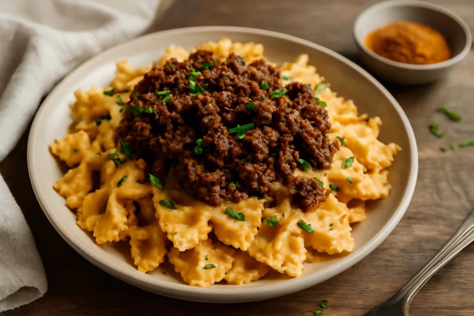 Cajun cream cheese alfredo bowties pasta with spiced ground beef and parsley garnish