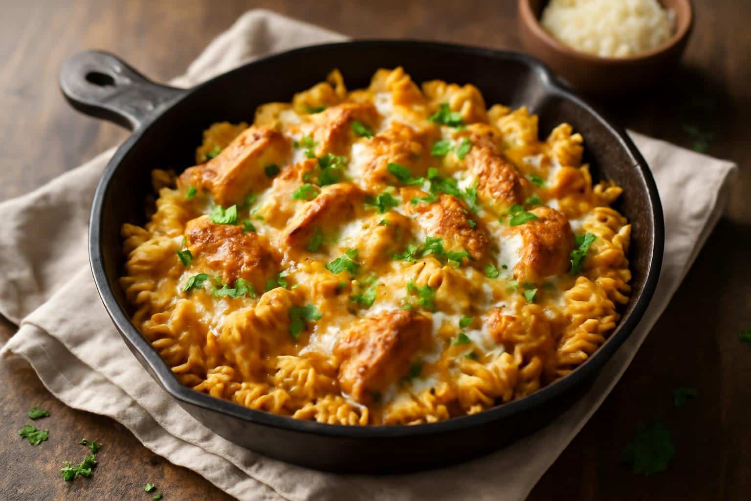 Cheesy Cajun garlic chicken rotini skillet garnished with parsley and paprika in cast iron skillet