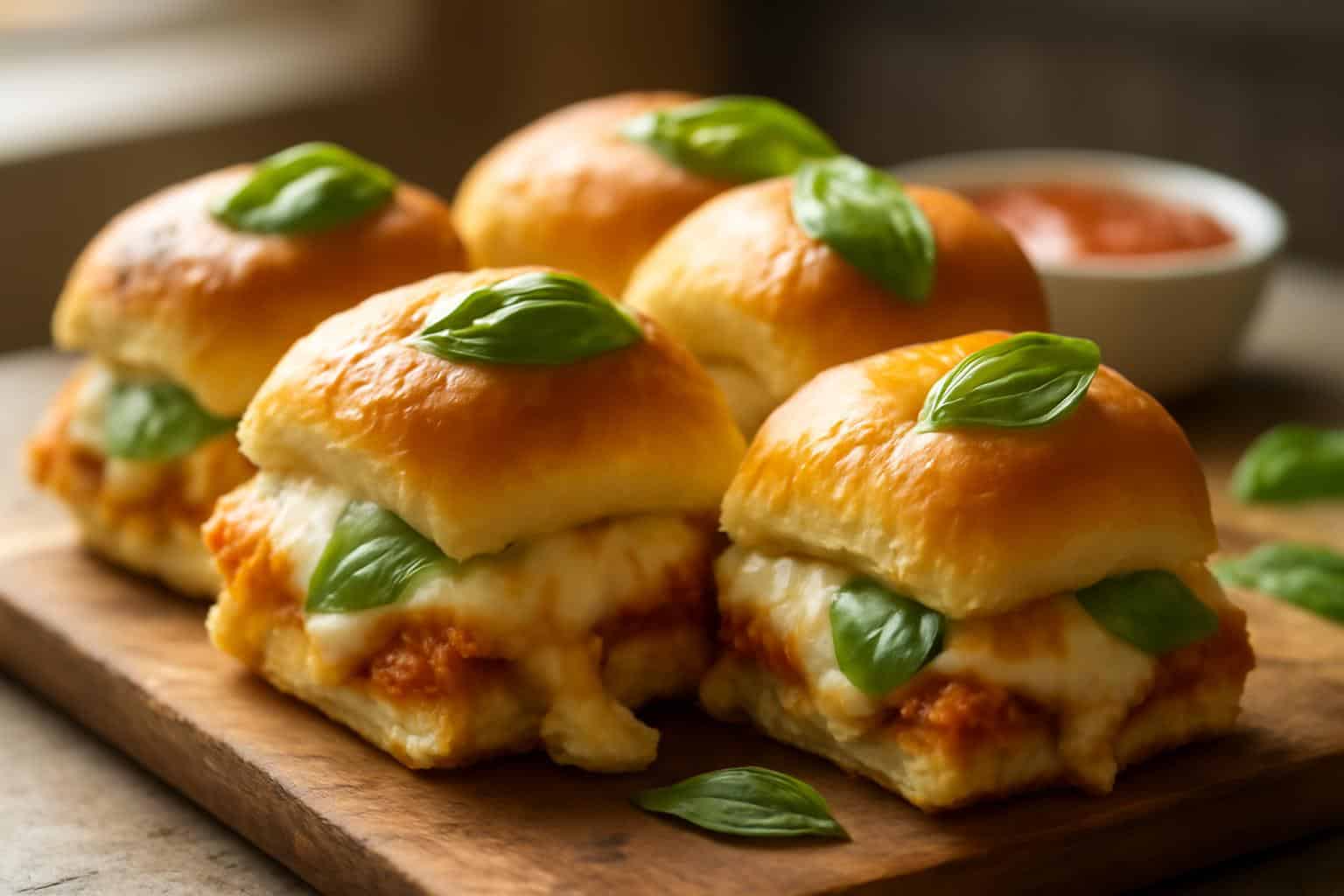 Close-up of cheesy baked sliders topped with Italian herbs and melted cheese