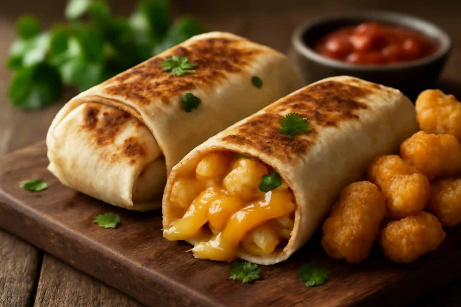 Cheesy potato burritos served with crispy tater tots on a wooden board with garnish