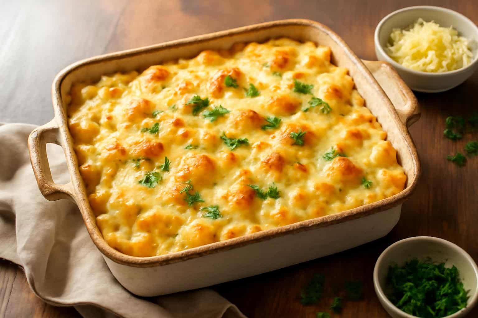 Cheesy white cheddar mozzarella pasta bake in a rustic dish with golden bubbly cheese crust