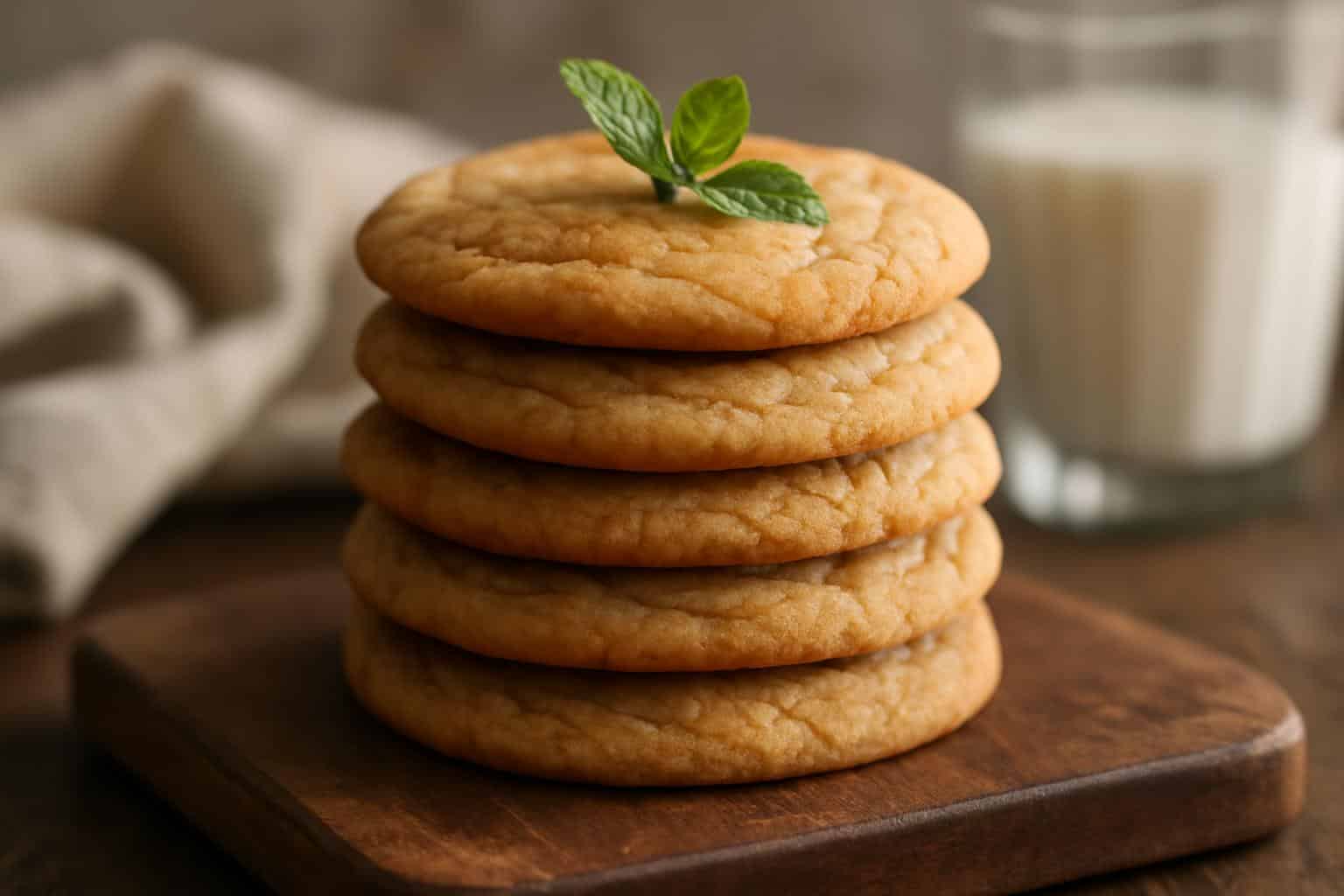 Chewy sugar cookies with brown butter stacked on wooden board, golden edges and cracked tops