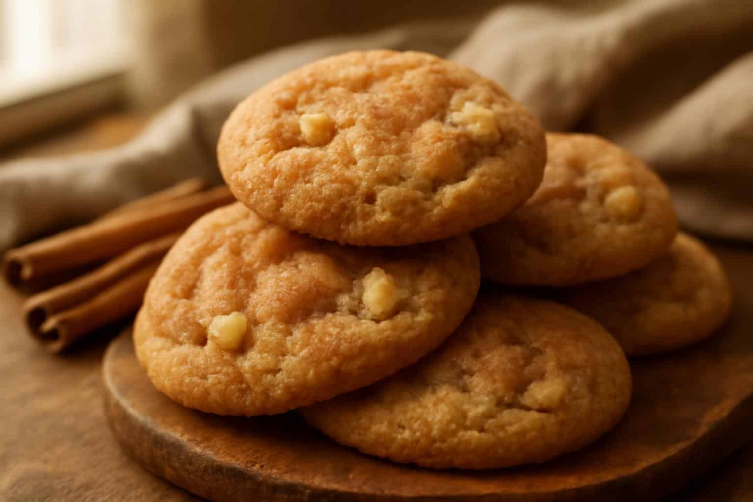 Plate of cinnamon spiced apple snickerdoodles with sugar crust and apple pieces, showcasing cozy fall cookies