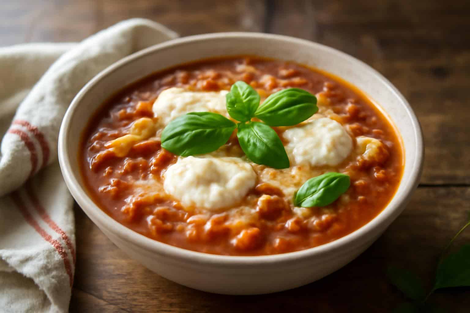 Bowl of lasagna soup with ricotta and mozzarella topped with fresh basil leaves