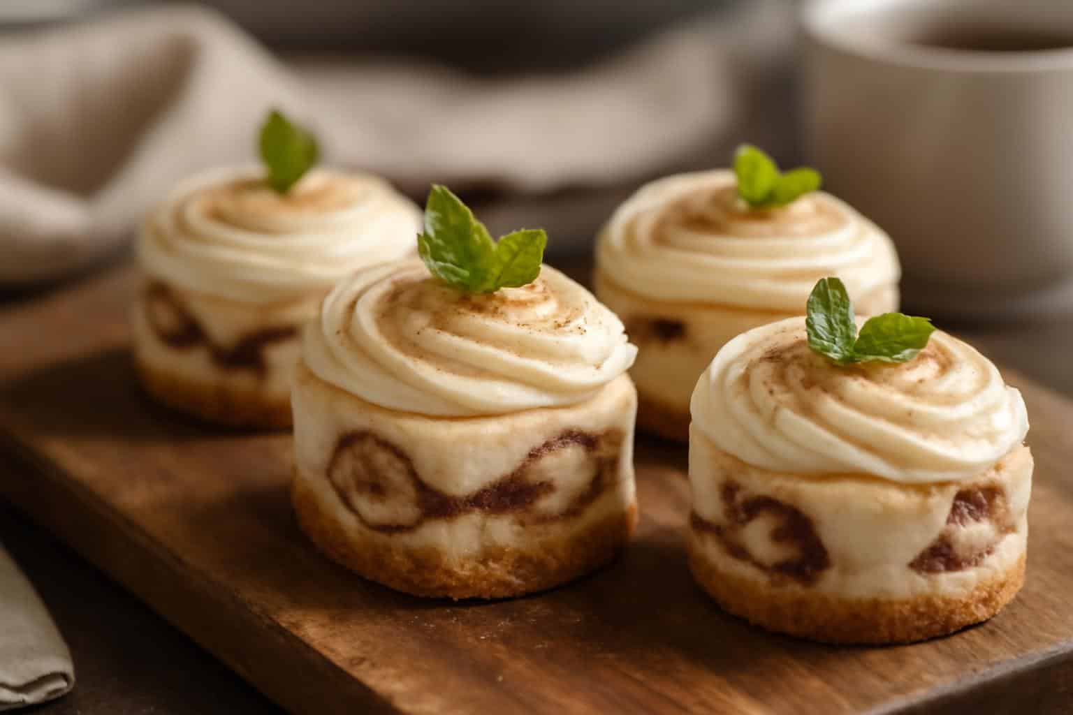 Creamy cinnamon roll cheesecake bites with cinnamon dusting and mint garnish, delicious cinnamon roll cheesecake dessert