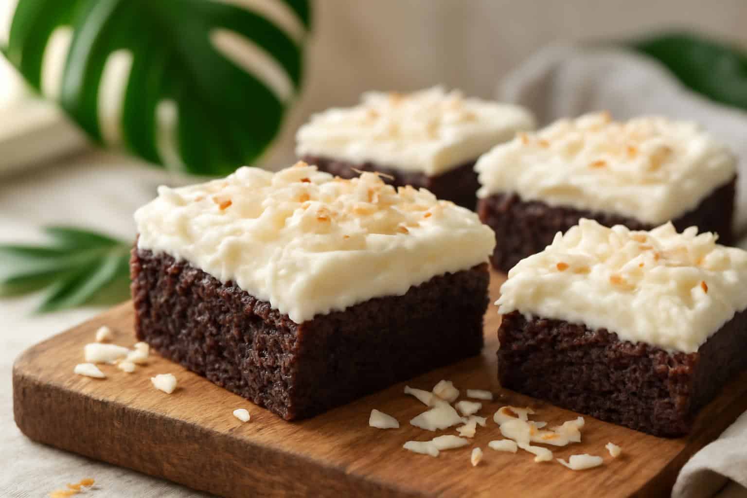 Delicious creamy coconut brownies with coconut flakes garnish, showcasing the creamy coconut brownies texture