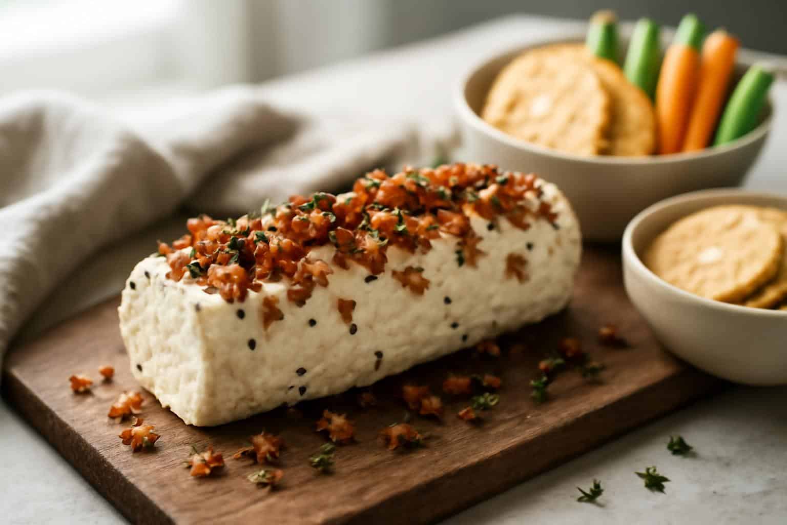 Creamy Million Dollar Bacon Goat Cheese Appetizer Log garnished with bacon bits and herbs