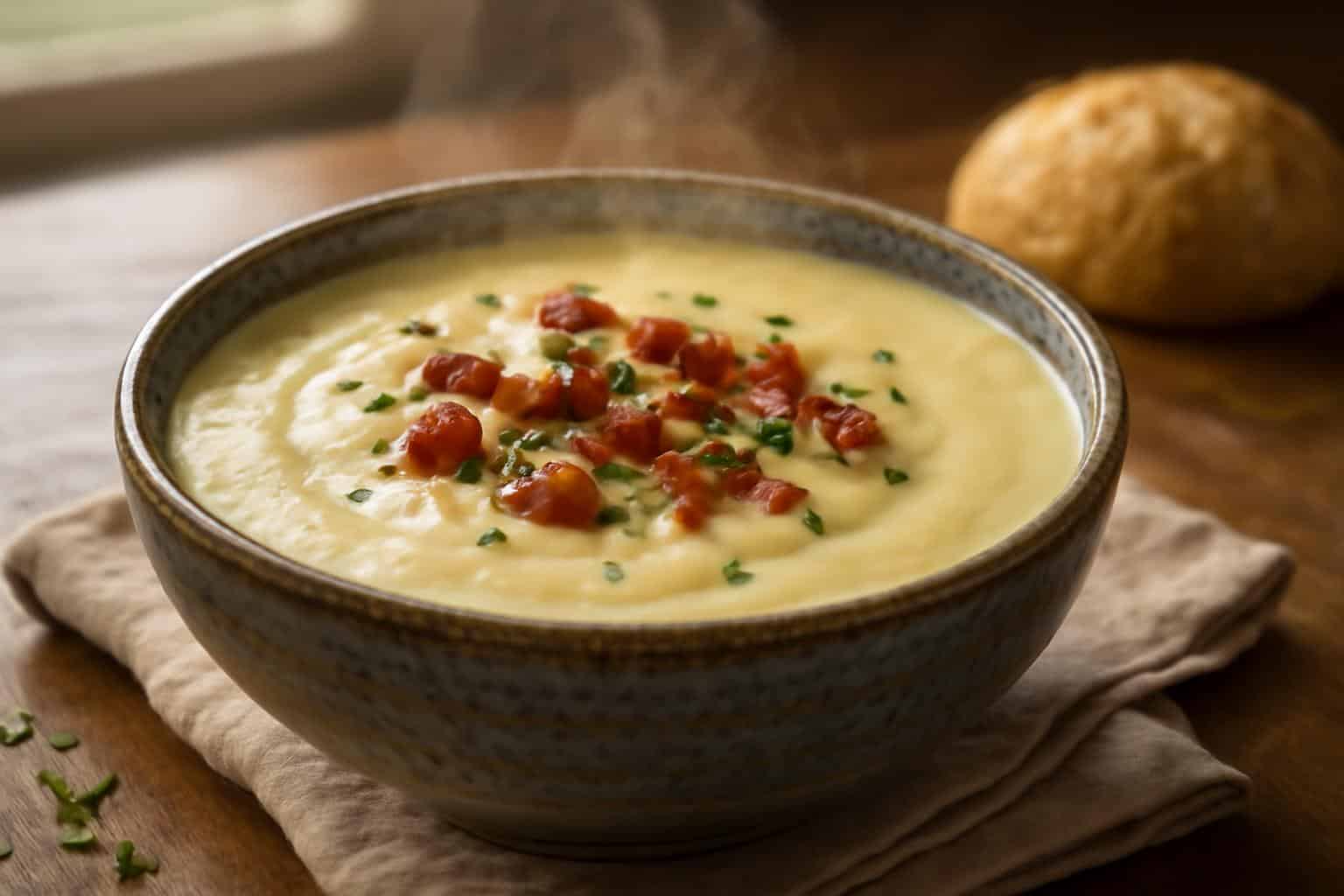 Creamy smoked gouda potato soup garnished with chives and bacon bits in a rustic bowl