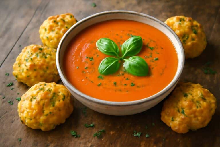 Creamy tomato soup with cheesy cheddar bay dumplings garnished with fresh herbs