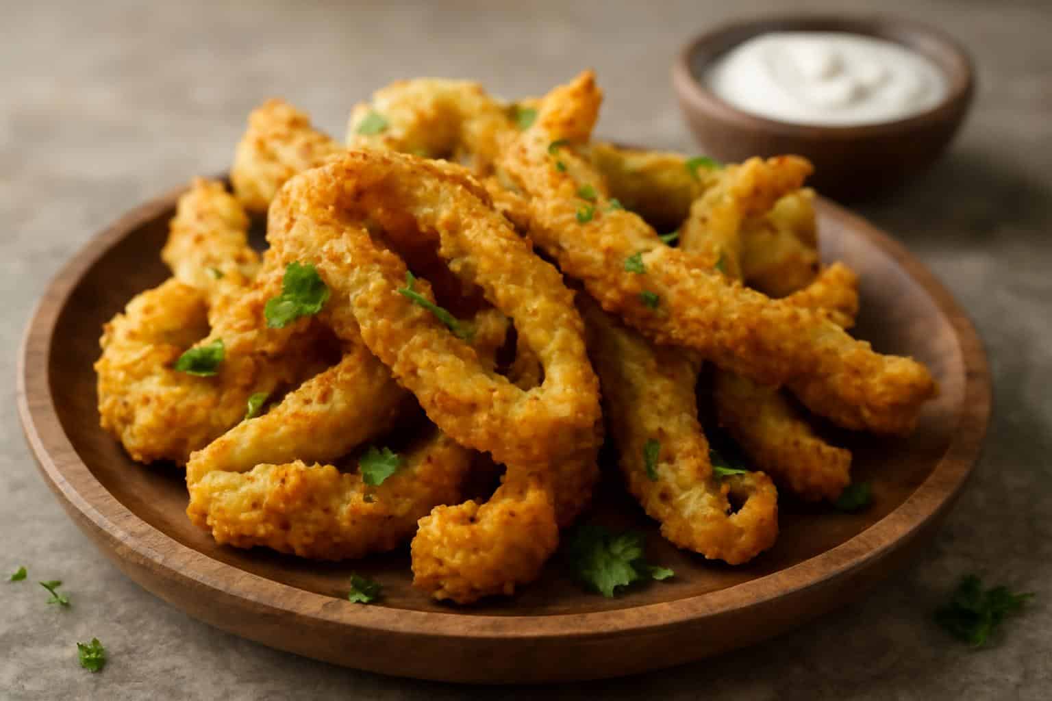 crispy air fryer banana peppers served on wooden platter with garnish