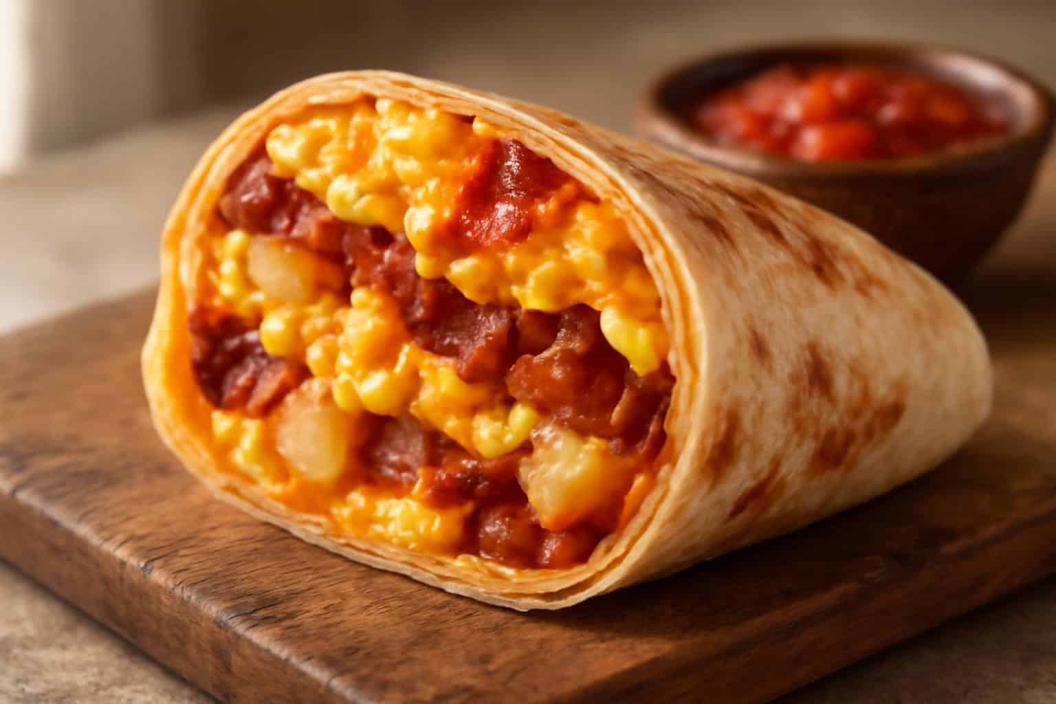 Crispy bacon egg cheese burrito with potatoes sliced open showing melty cheese and golden crispy potatoes