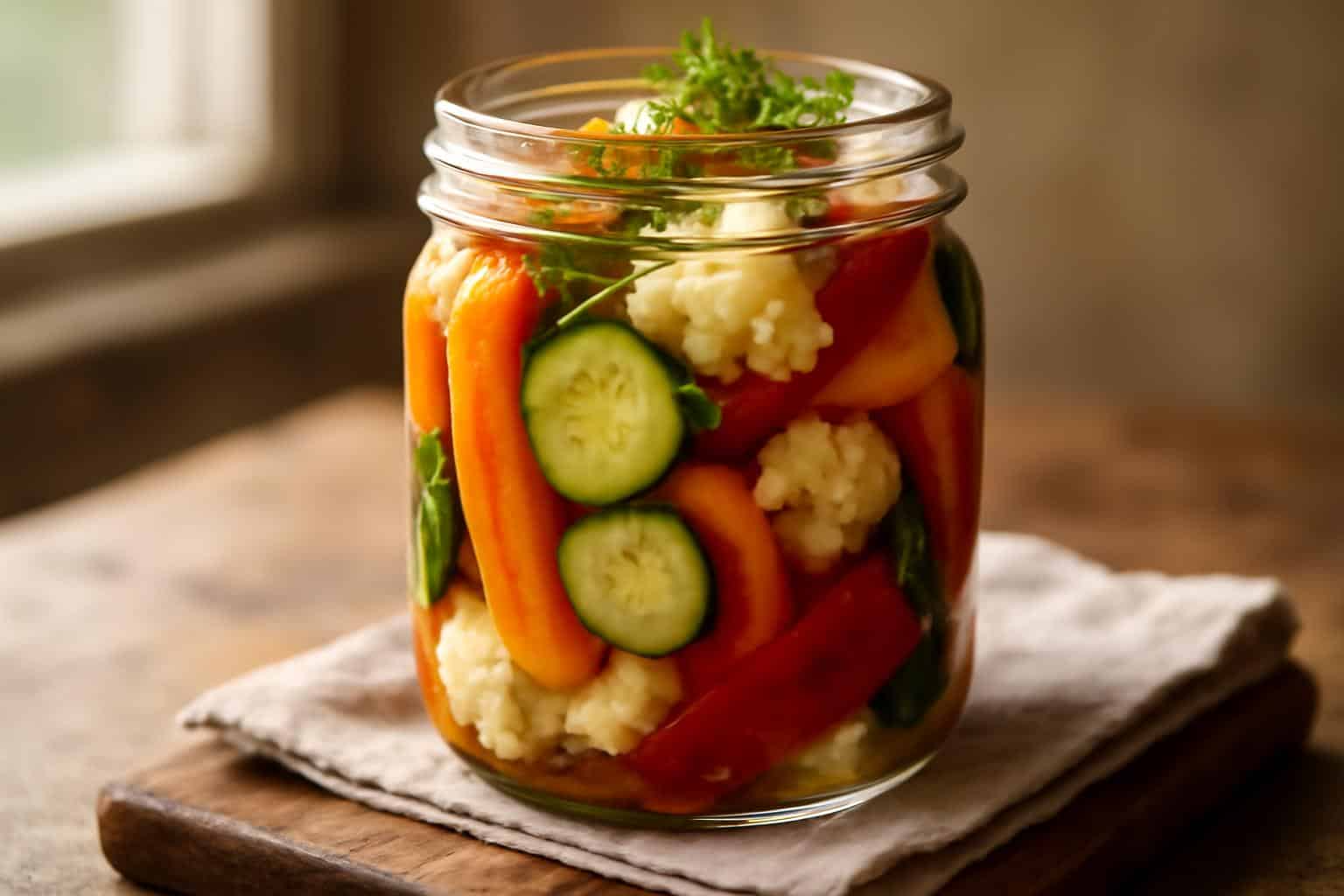 Jar of crunchy tangy refrigerator pickled vegetables with carrots, cucumbers, and cauliflower in brine