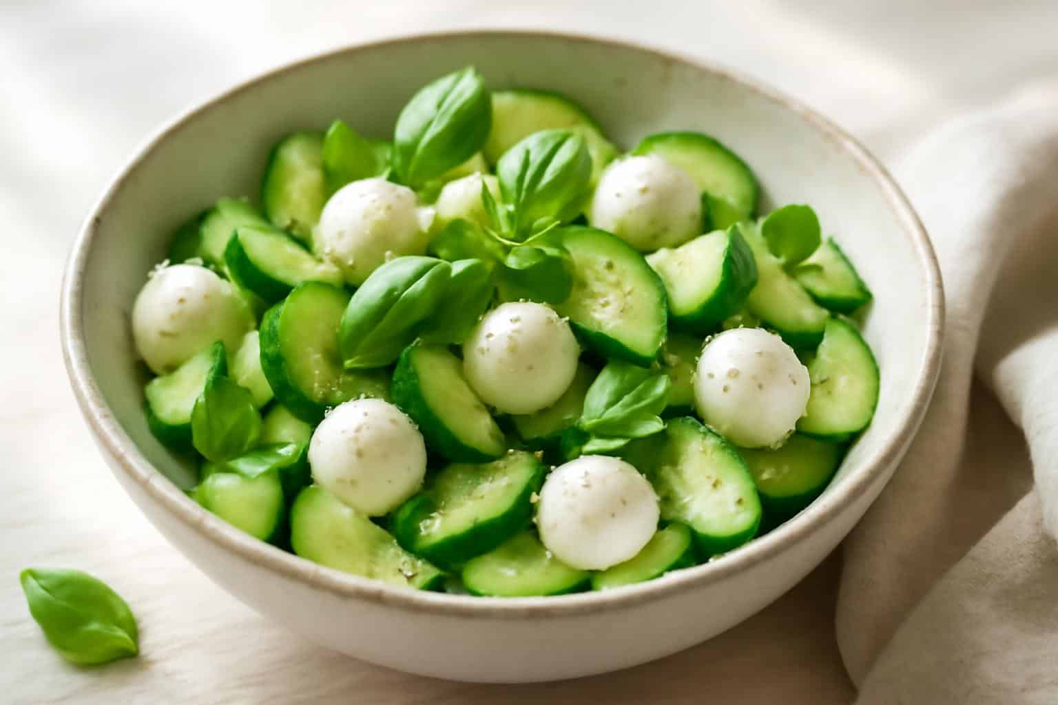 Crisp cucumber mozzarella salad garnished with fresh basil and cracked black pepper