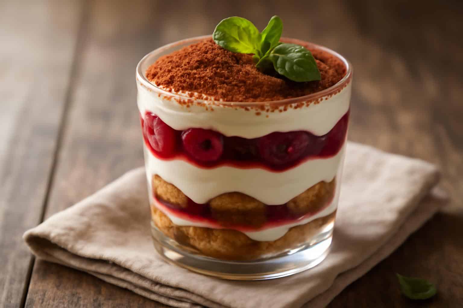 Cherry amaretto tiramisu dessert with layers of cream, cherries, and ladyfingers in clear dish