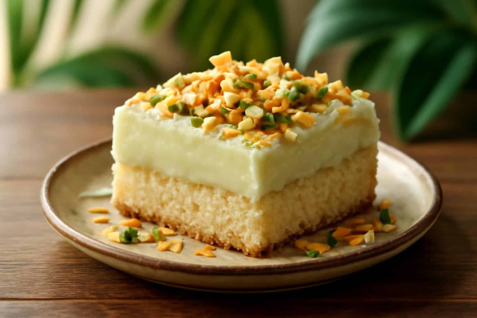 Slice of coconut pistachio pudding cake garnished with toasted coconut and pistachios on a plate