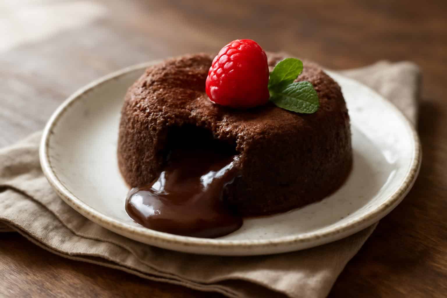 gooey chocolate lava cake with molten center garnished with raspberry and mint leaf