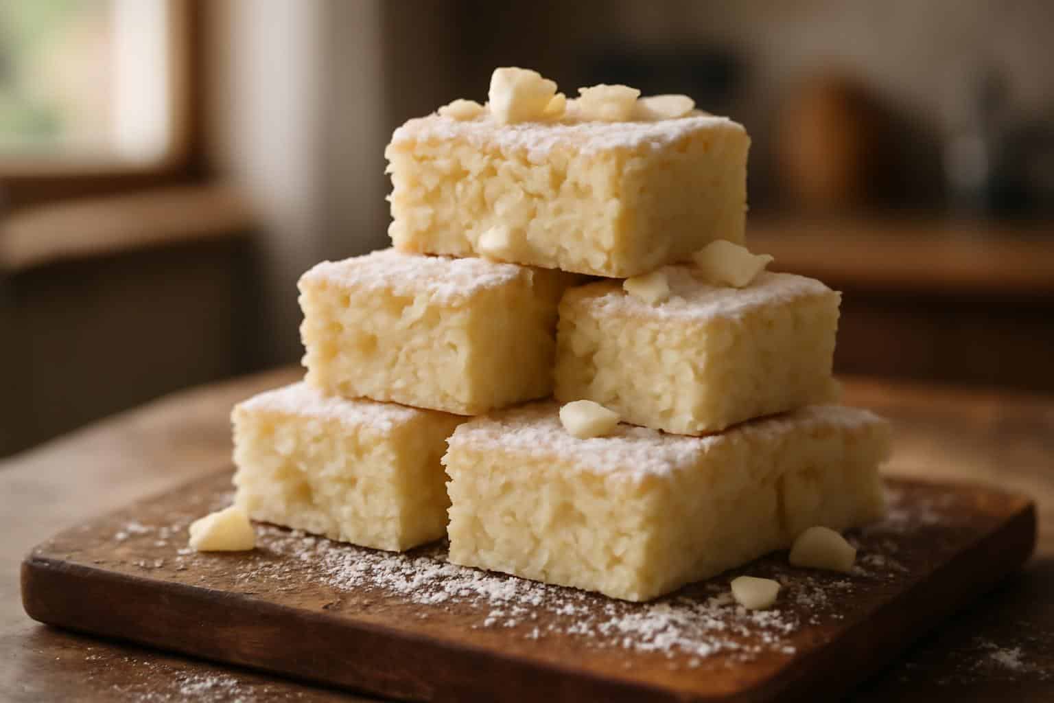 Freshly baked white chocolate brownies with chunks and powdered sugar on rustic wooden board