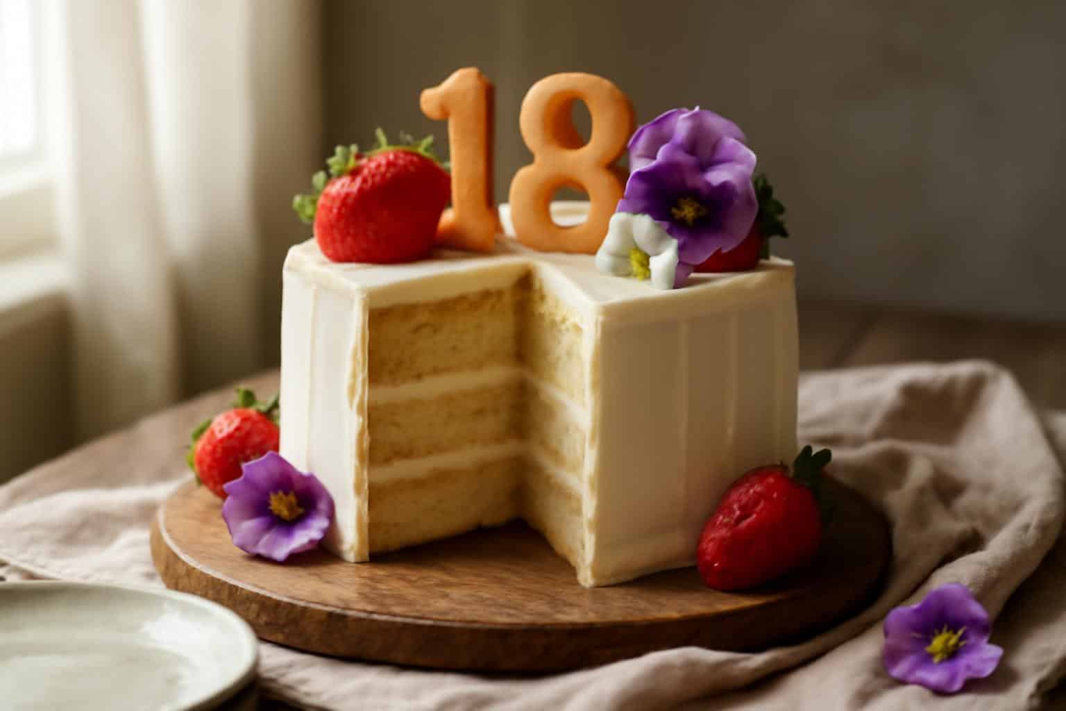 Sliced bolos de 18 anos cake garnished with strawberries and edible flowers, perfect dessert