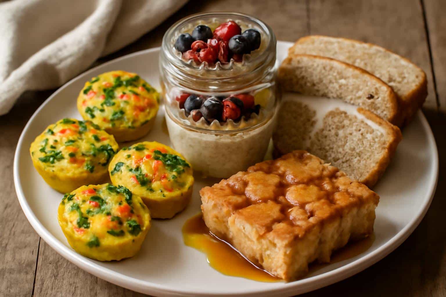 Make-ahead breakfasts including egg muffins, overnight oats, banana bread, and French toast casserole in natural light