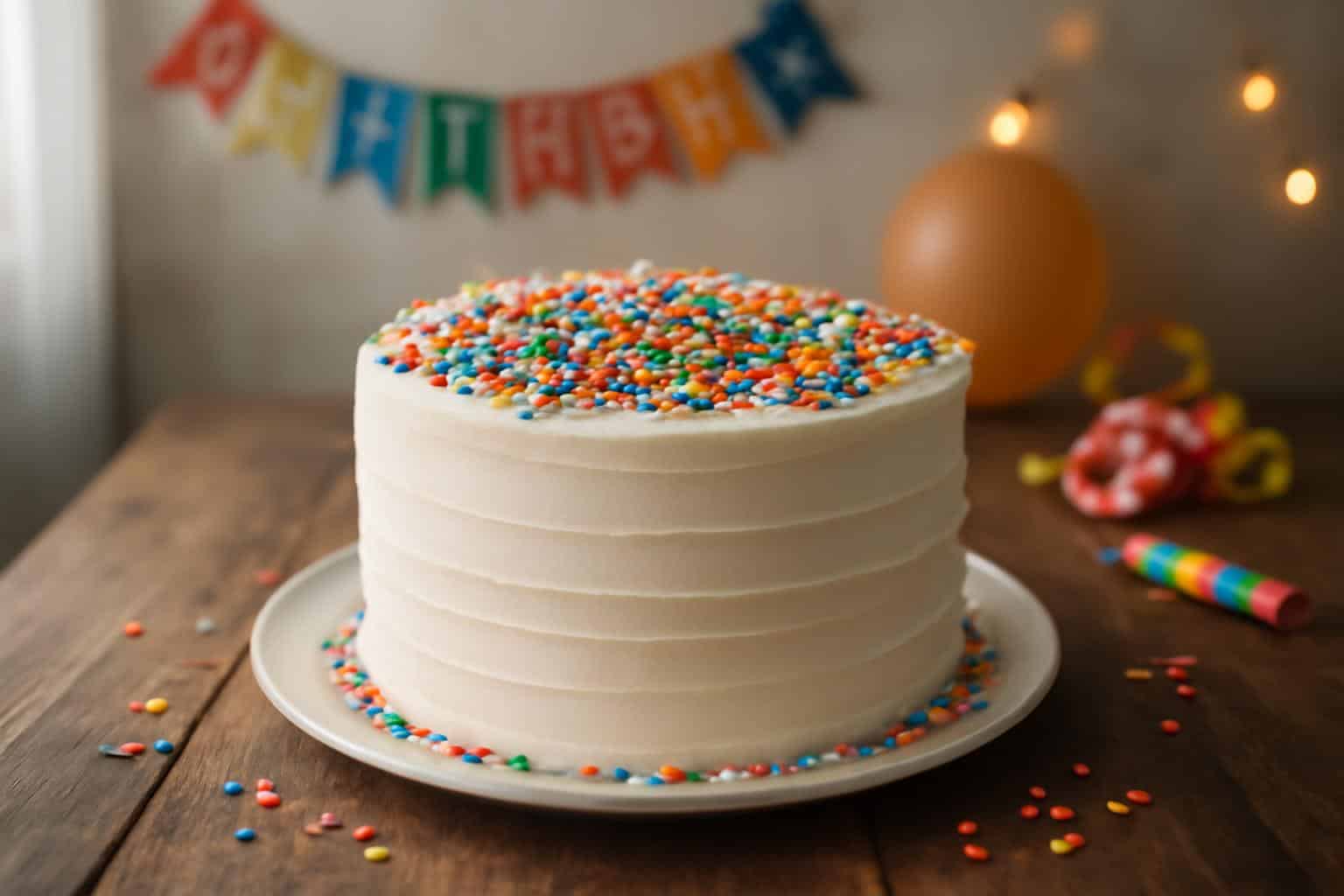 moist birthday cake with white frosting and sprinkles on rustic table in natural light