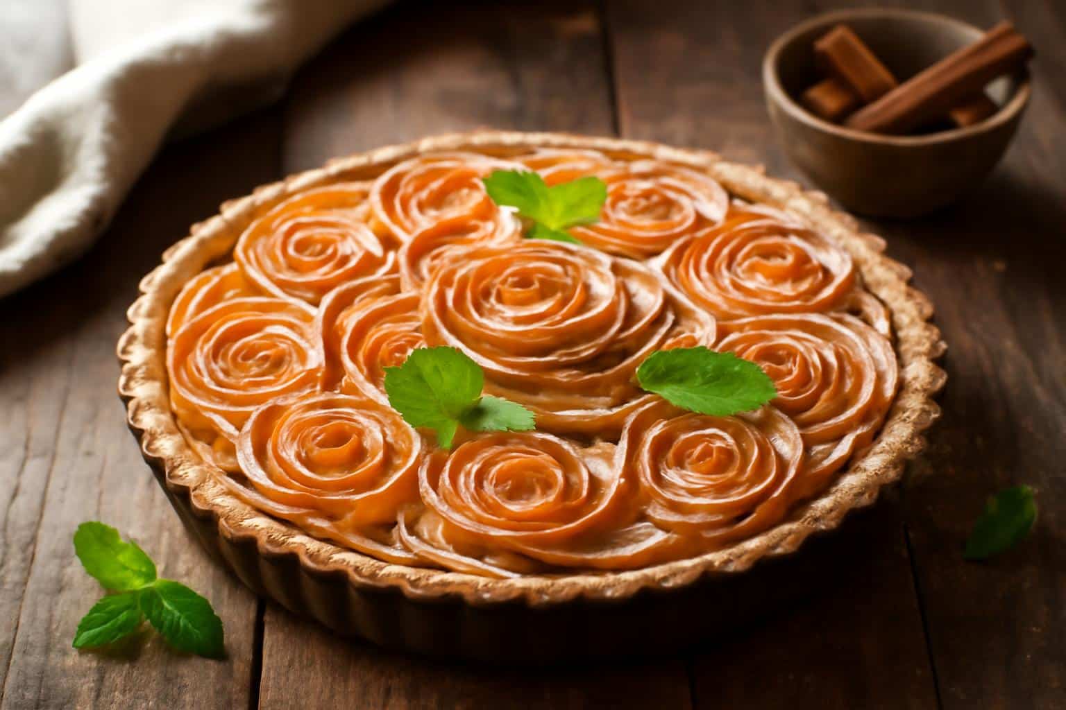 Close-up of a freshly baked apple rose tart garnished with mint leaves and powdered sugar