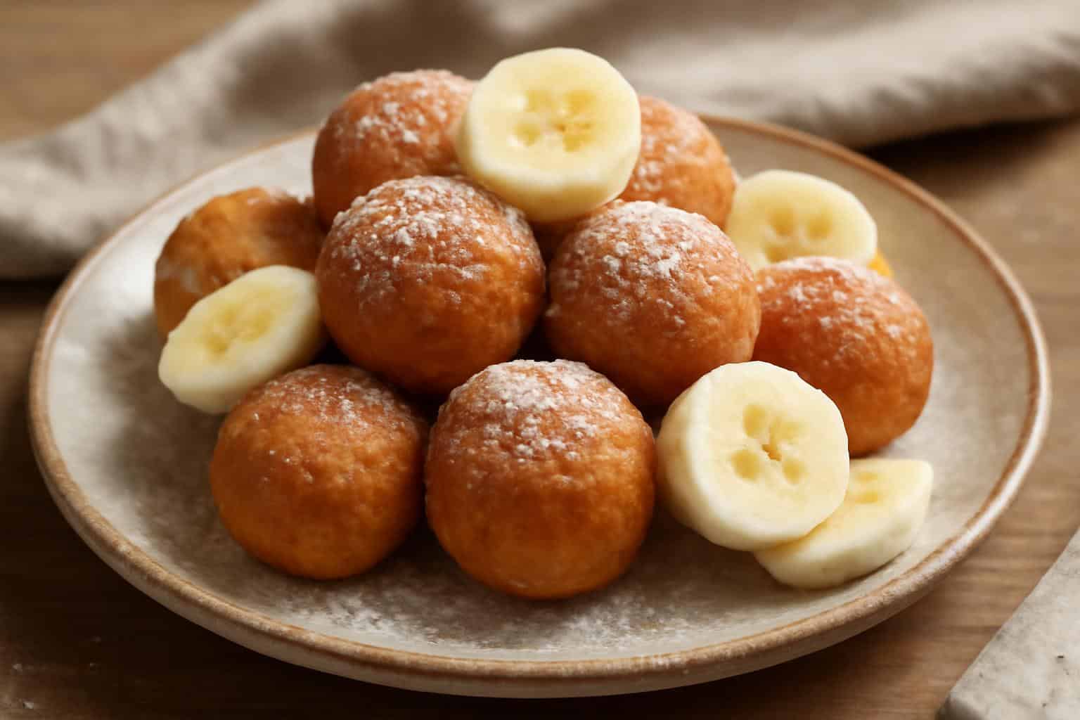 Golden baked 2-ingredient banana donut holes with powdered sugar and banana slices