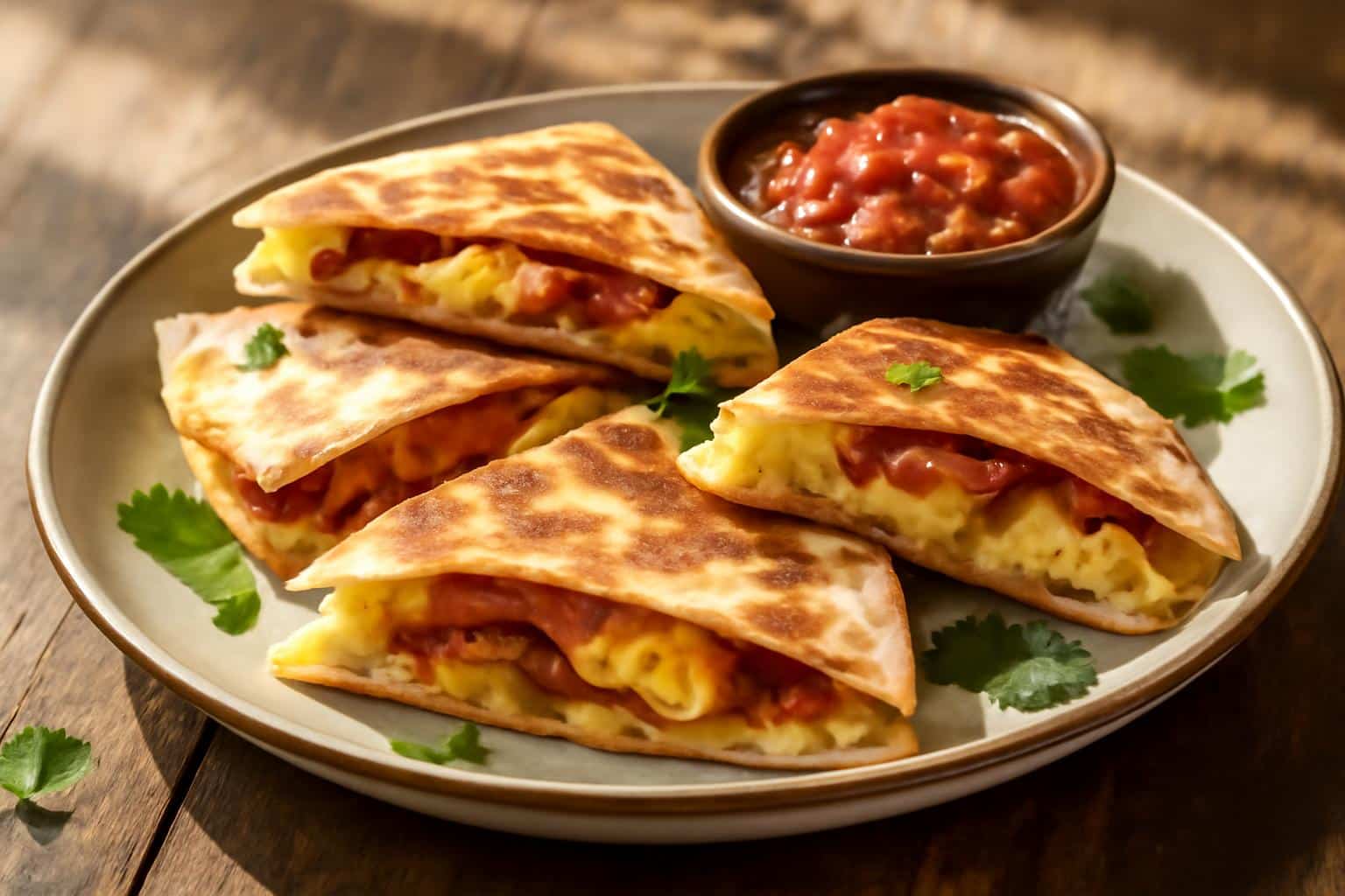 Breakfast quesadillas with bacon, egg, and cheese served on a rustic plate with salsa and cilantro garnish