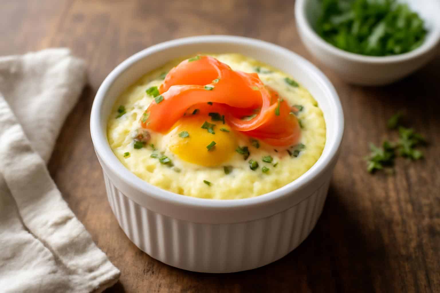 Creamy baked eggs napoleon in ramekin garnished with herbs and smoked salmon, baked eggs napoleon