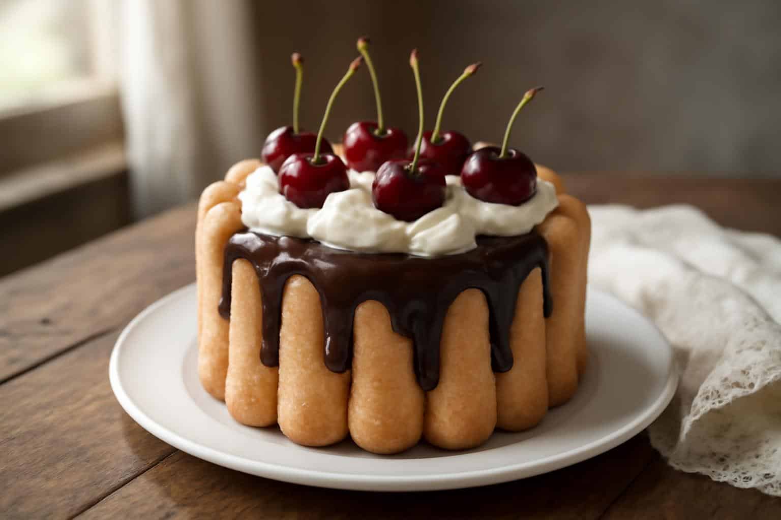 Creamy Black Forest charlotte dessert topped with cherries and chocolate glaze in natural light