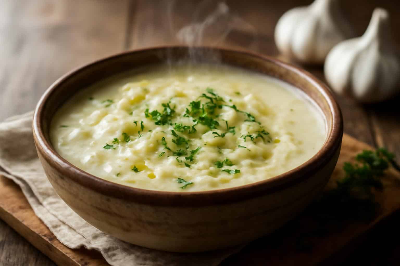 Bowl of creamy garlic cabbage soup garnished with parsley, showcasing creamy garlic cabbage soup