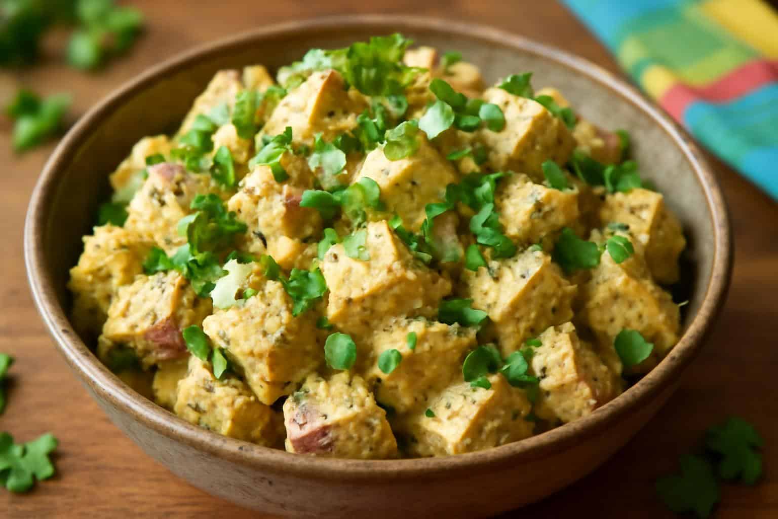 Creamy Jamaican jerk potato salad garnished with scallions and cilantro in a rustic bowl