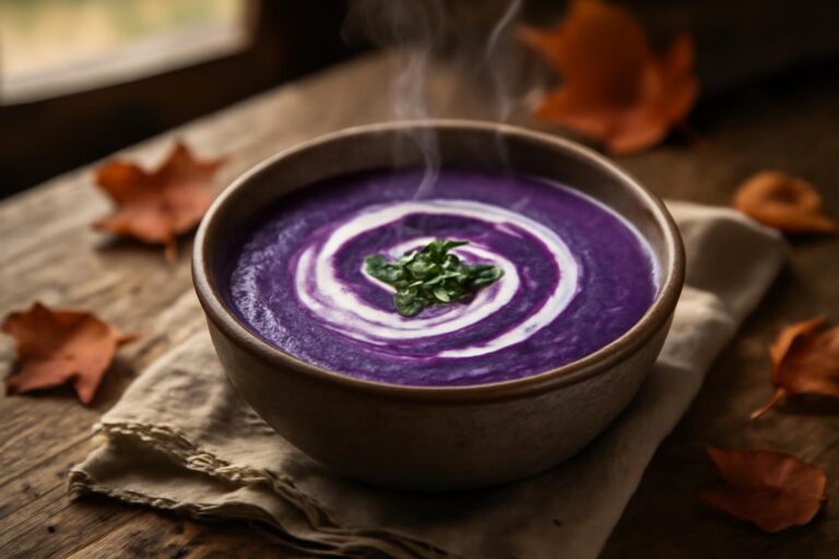 Creamy purple witch soup served in a rustic bowl with thyme garnish, showcasing vibrant autumn colors