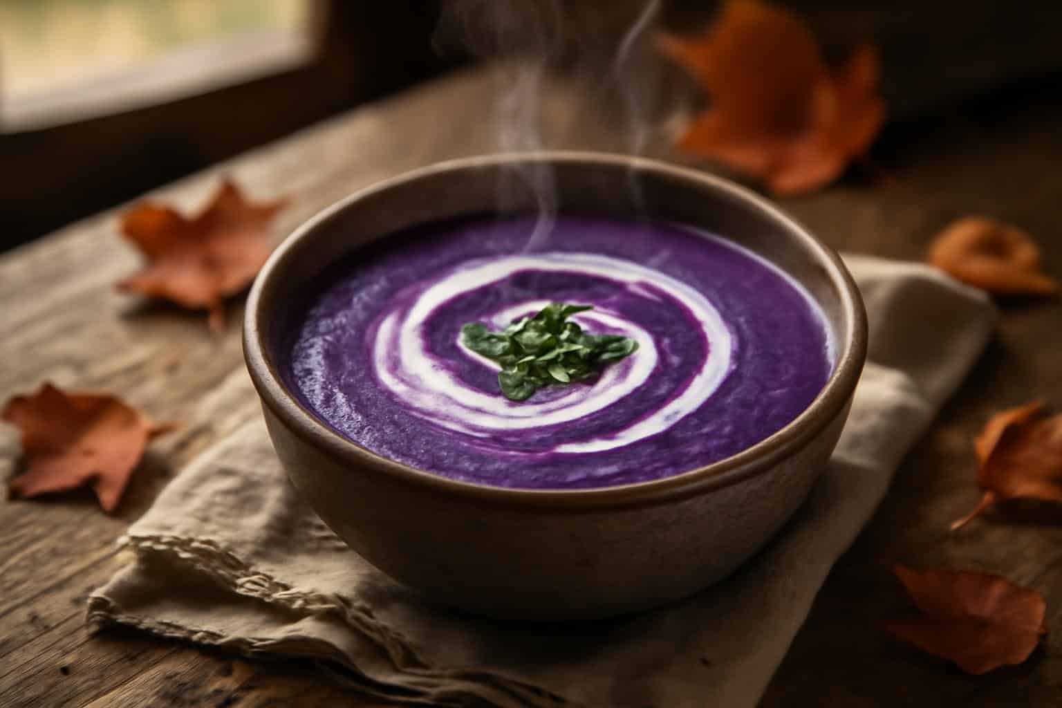 Creamy purple witch soup served in a rustic bowl with thyme garnish, showcasing vibrant autumn colors