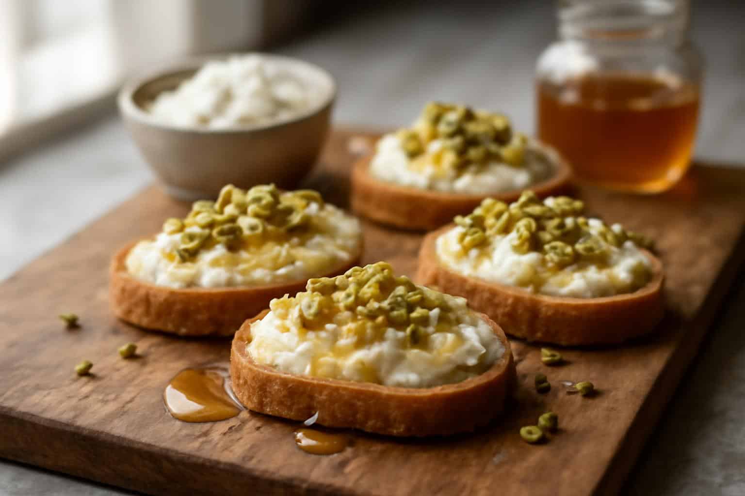 Creamy pistachio honey ricotta bites garnished with crushed pistachios and honey drizzle on a rustic board