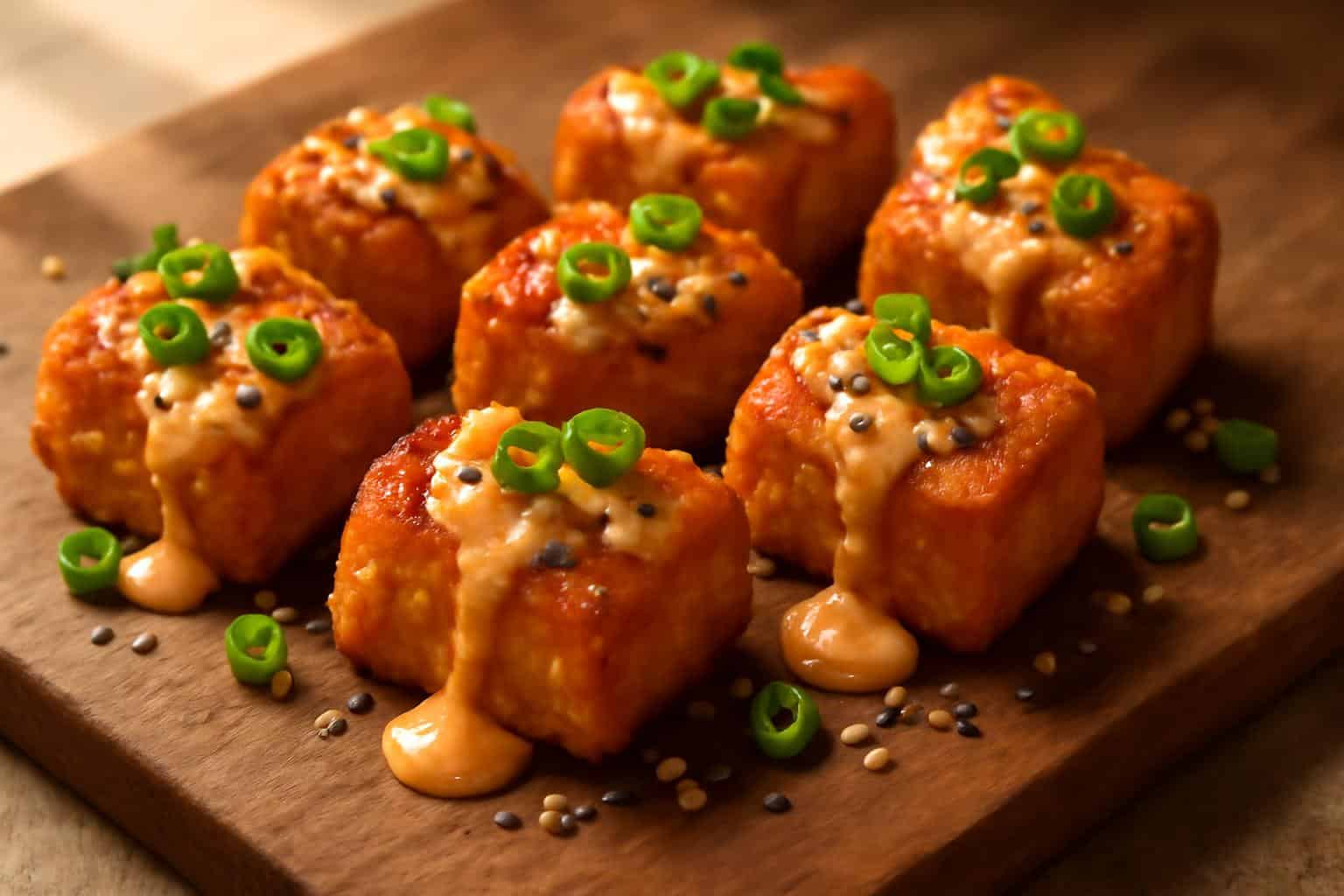 Crispy bang bang salmon bites drizzled with spicy sauce garnished with green onions