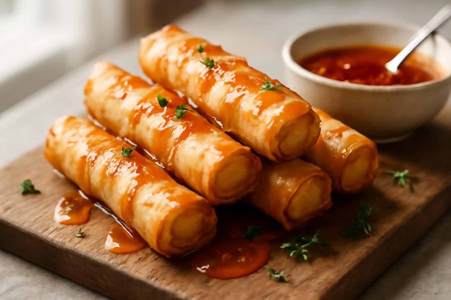 Golden crispy feta rolls drizzled with sweet chili honey drizzle on rustic wooden board
