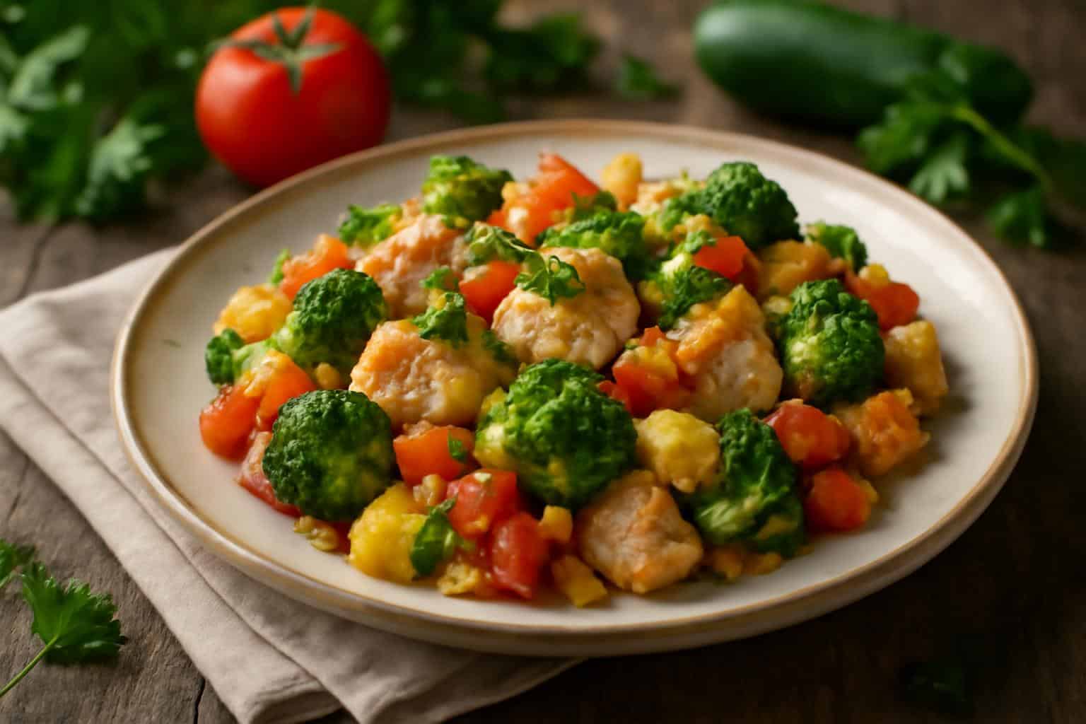 Baked diabetic friendly recipes chicken and vegetable casserole garnished with fresh herbs