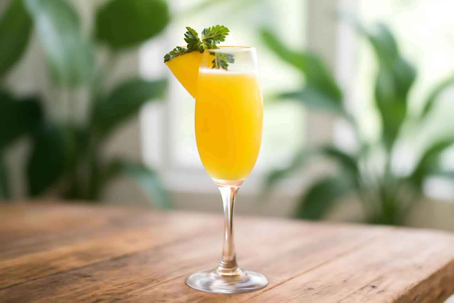 Refreshing Hawaiian mimosa tropical brunch drink garnished with pineapple and mint