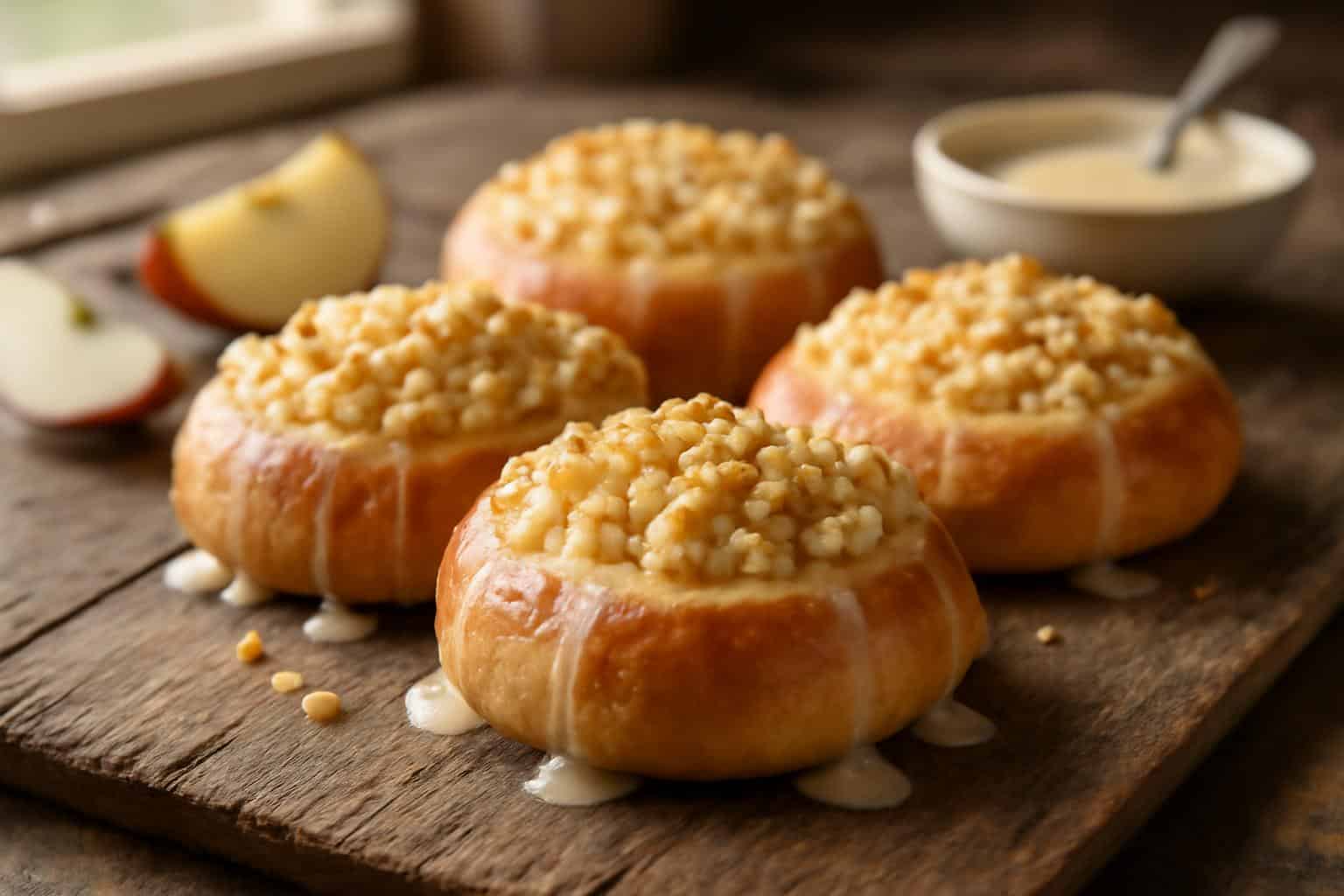 Freshly baked apple cheesecake buns with crispy crumble topping and sweet glaze