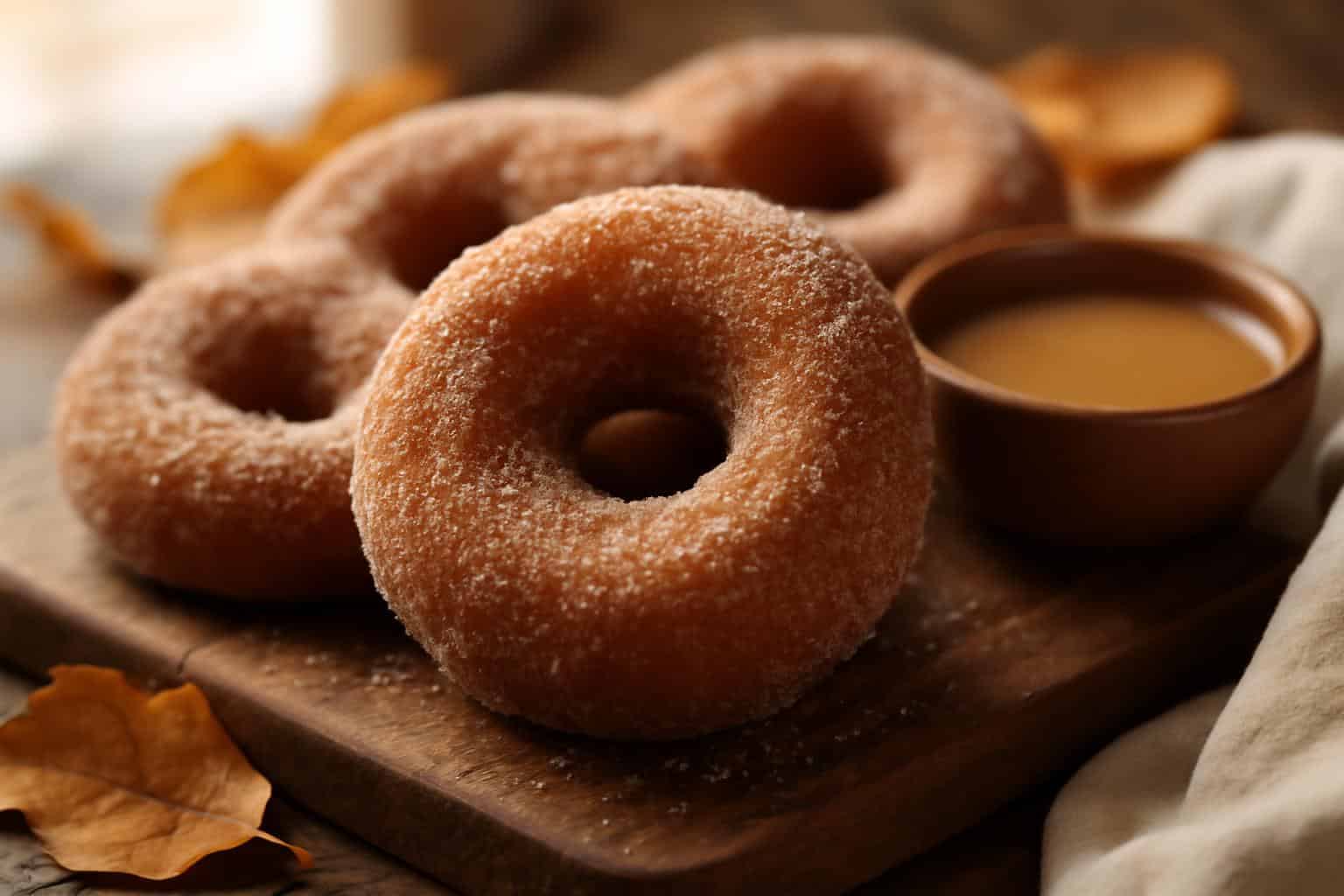 freshly fried apple cider donuts coated in cinnamon sugar on rustic wooden board