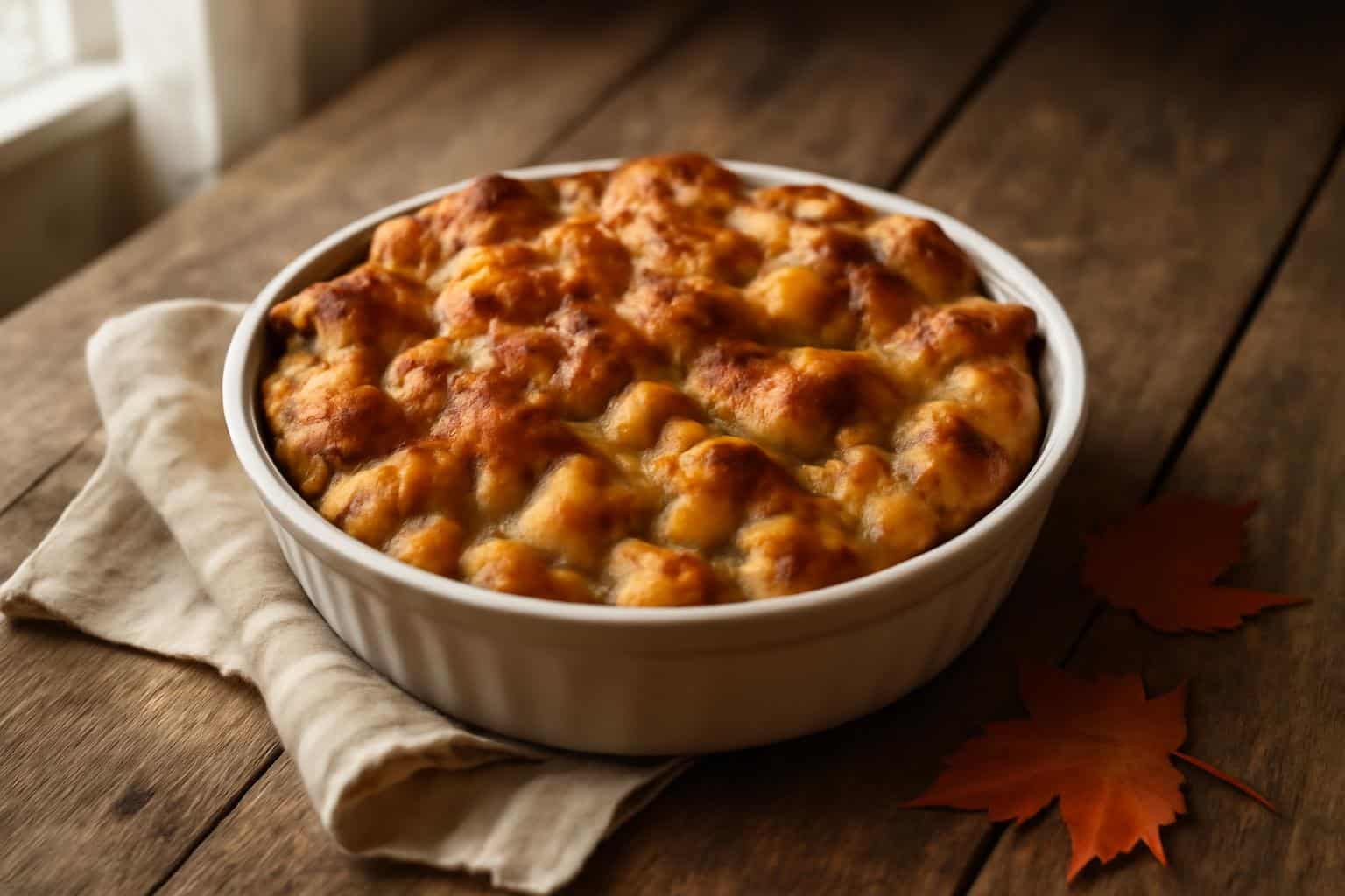 Warm apple pie bread pudding with cinnamon garnish in natural light, showcasing apple pie bread pudding texture