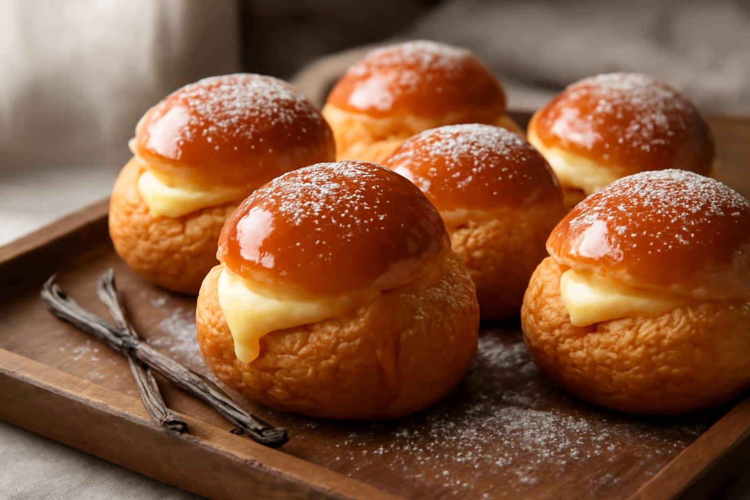 Freshly baked choux vanille caramel with creamy vanilla custard and caramel glaze on top