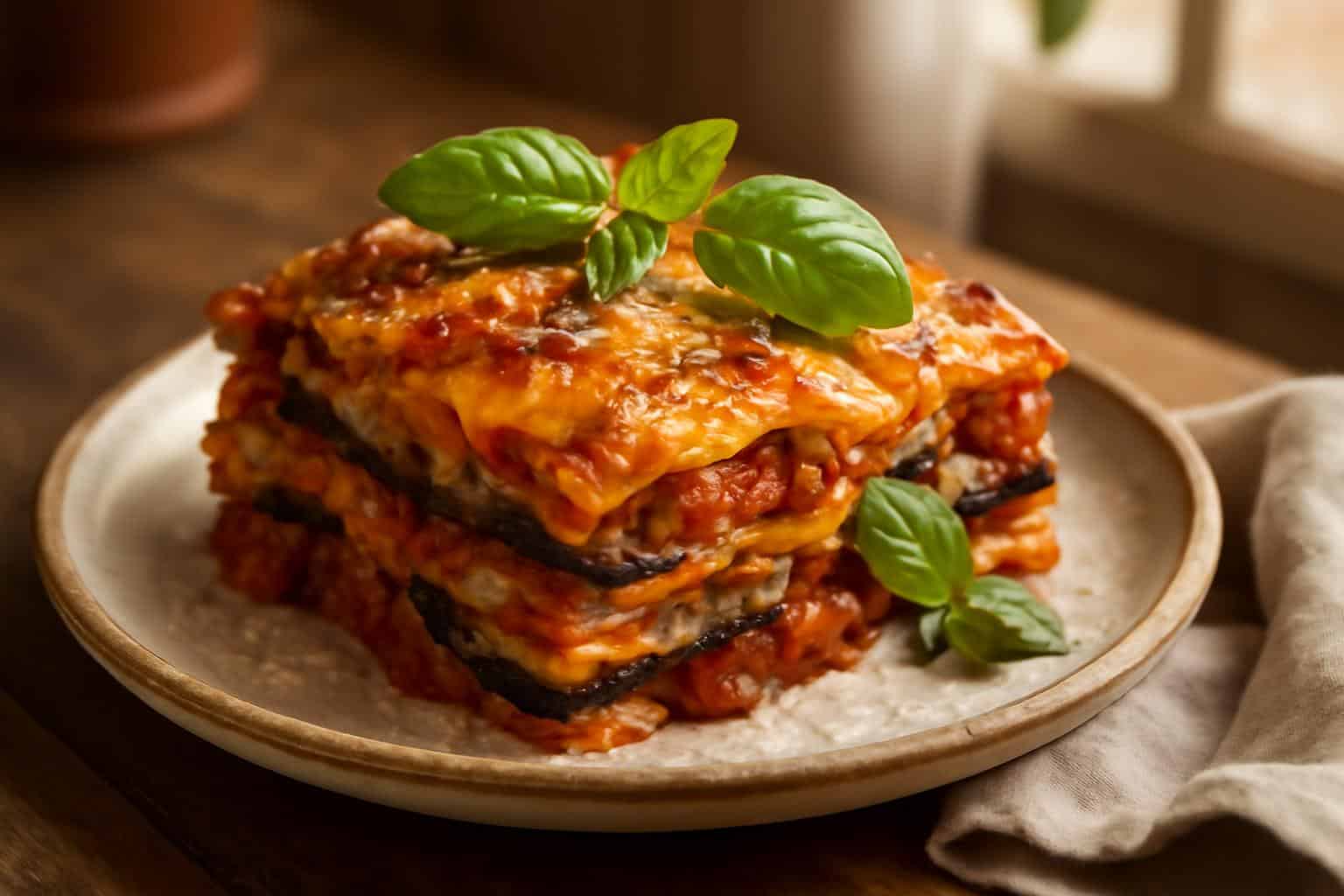Baked slice of easy no-pasta eggplant lasagna garnished with fresh basil and parmesan