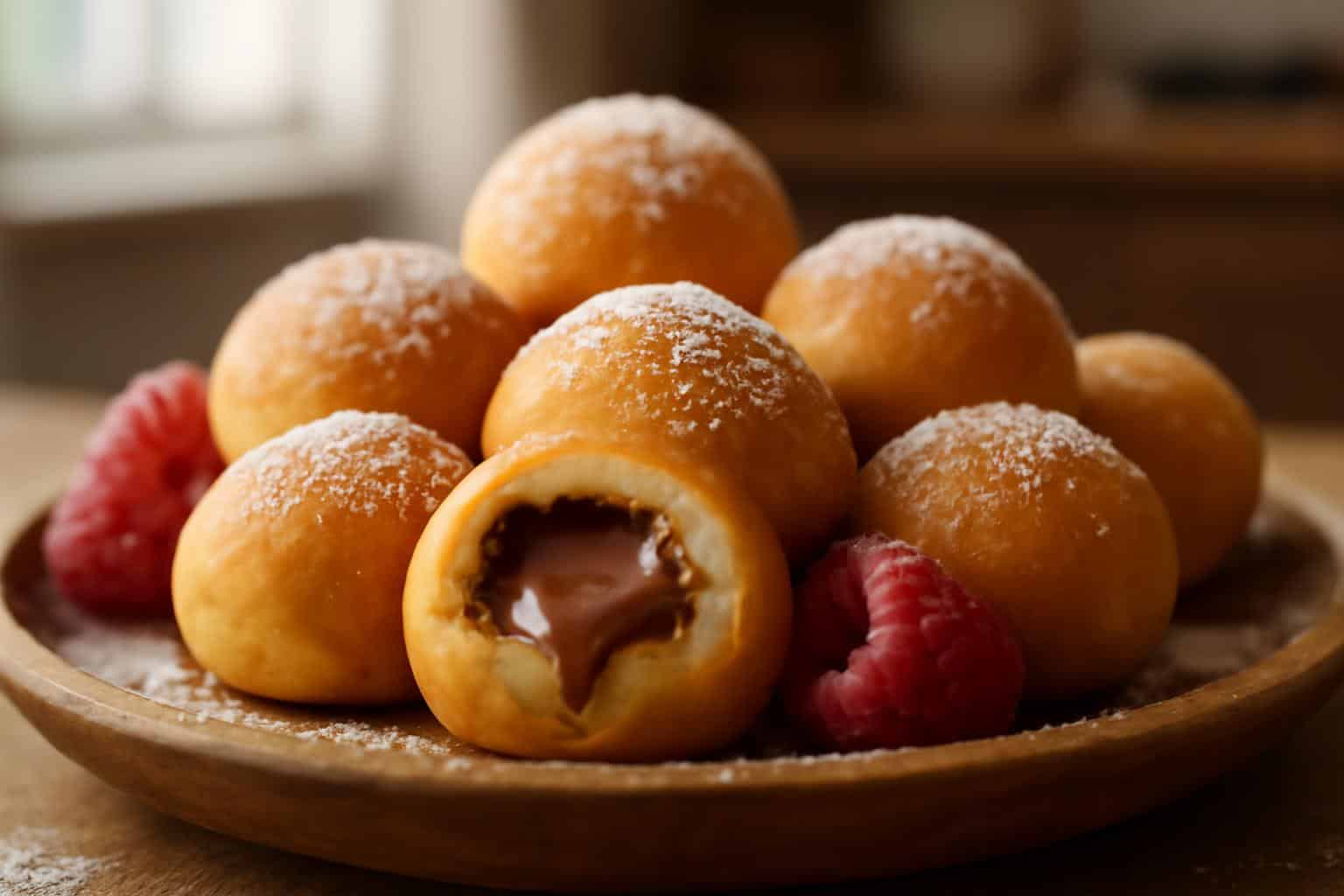 Golden mini Nutella pancake bombs dusted with powdered sugar and fresh raspberries