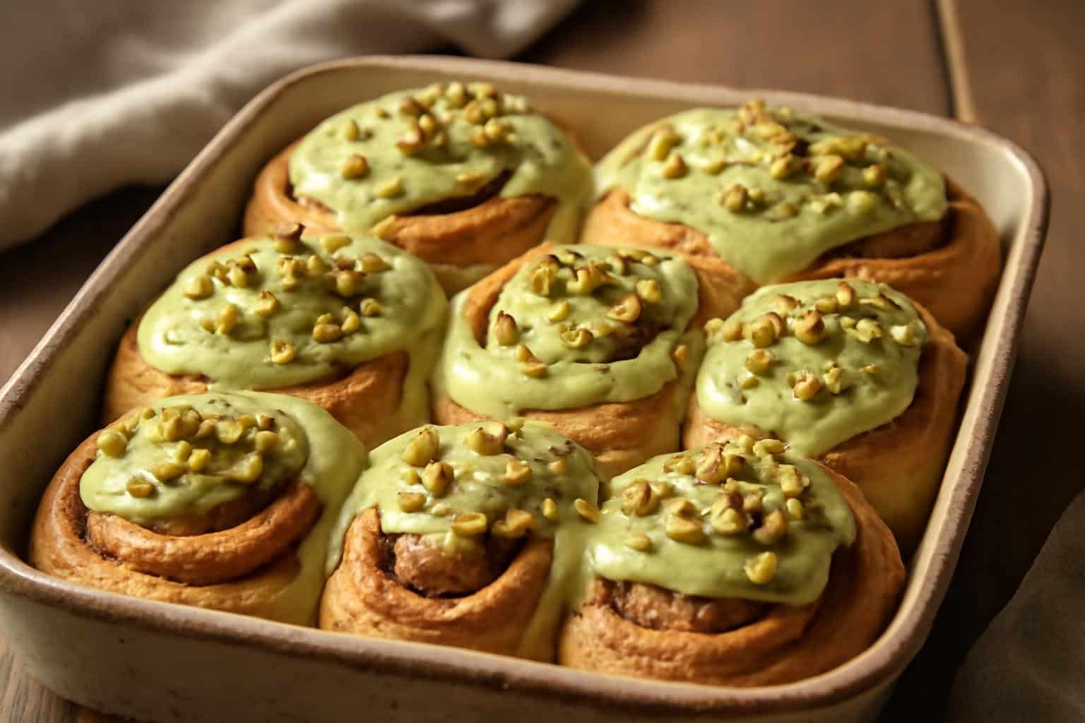 Easy pistachio cream cinnamon rolls drizzled with frosting and sprinkled with chopped pistachios