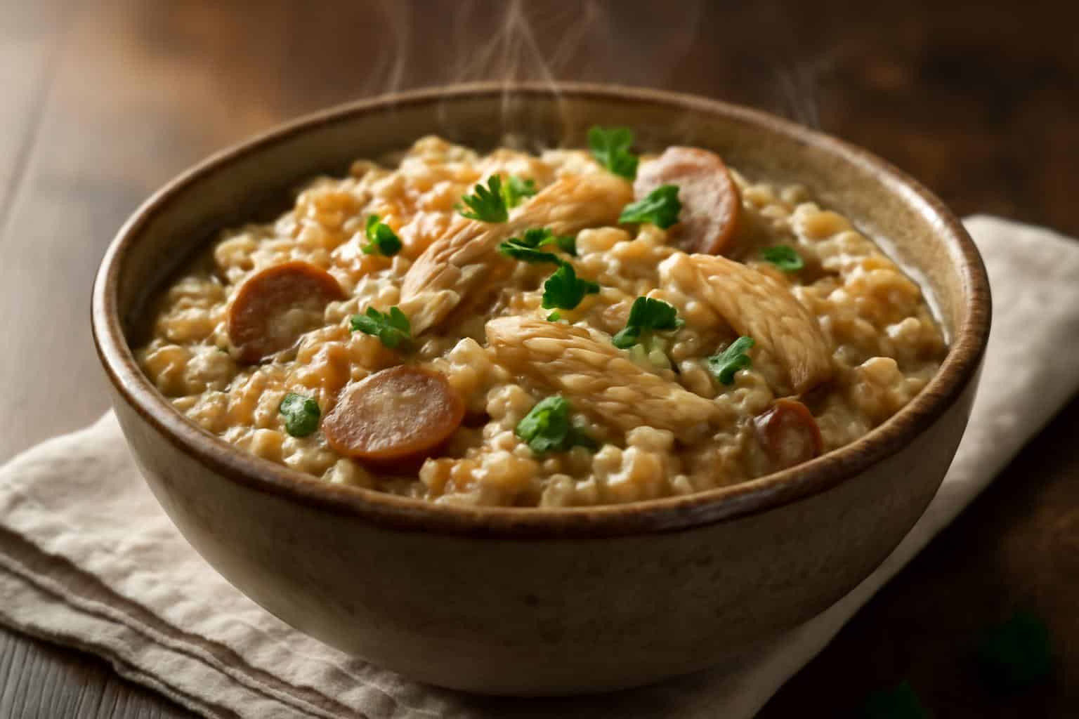 A bowl of southern chicken bog with tender chicken, rice, sausage, and parsley garnish
