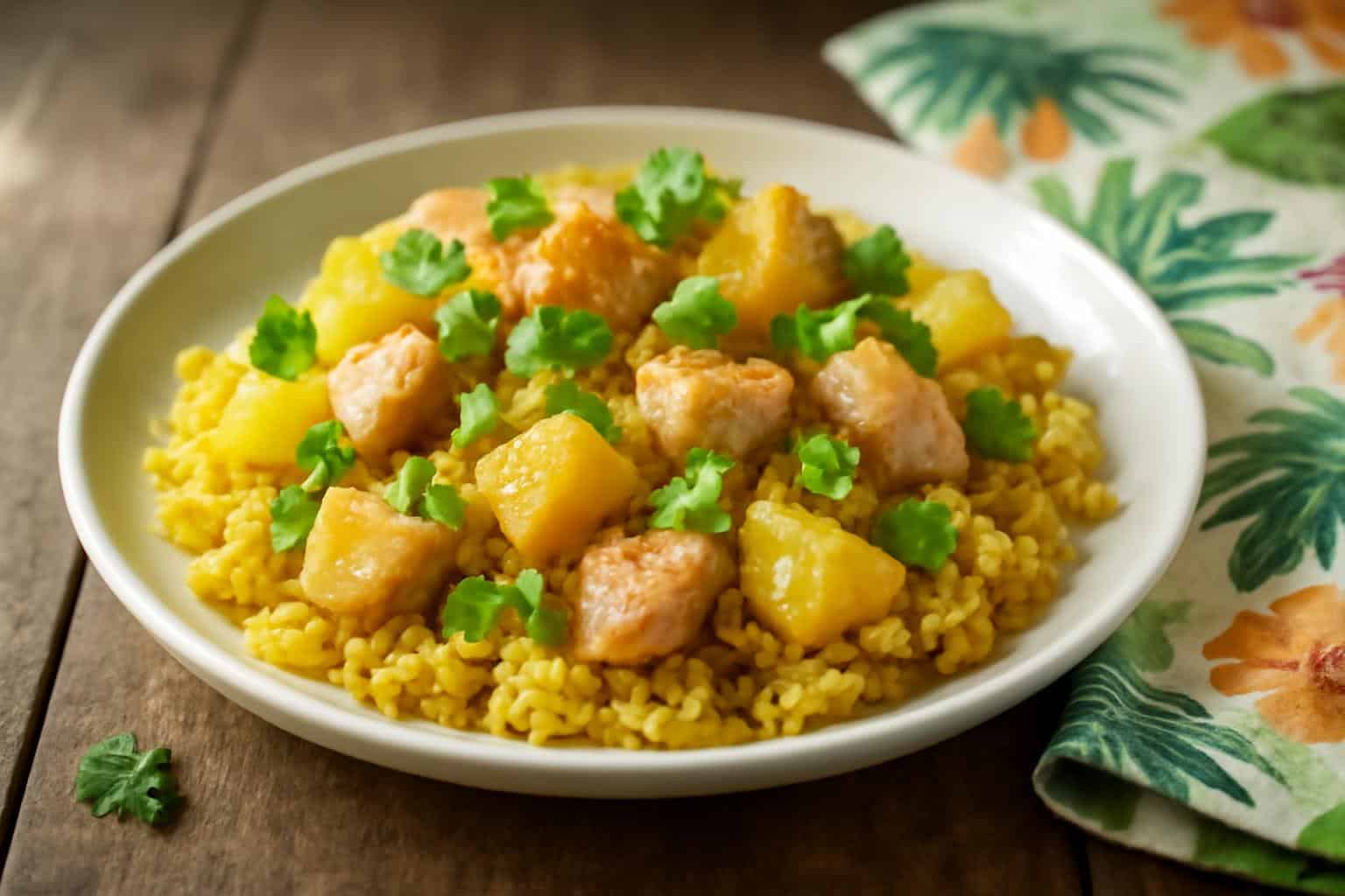 Tropical pineapple chicken rice plated with fresh cilantro and green onions